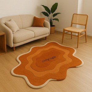 Layered Terracotta Organic Shape Rug – Earthy Tones for Modern Warmth  | Modern Orange & Cream Organic Rug | Unique Living Room Decor