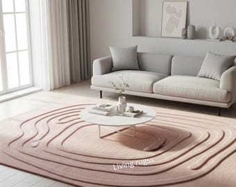 Dusty Pink Concentric Wave Rug, Modern Abstract Area Rug, Sculpted Texture Living Room Carpet, Aesthetic Minimalist Bedroom Decor, Neutral