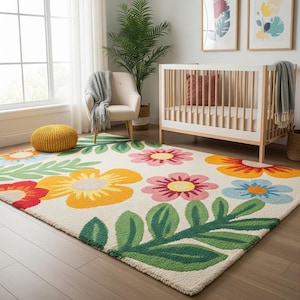 Vibrant Floral Hand-Tufted Wool Rug for Nursery | Modern Daisy Flower Nursery & Kids Room Carpet | Colorful Bedroom Decor