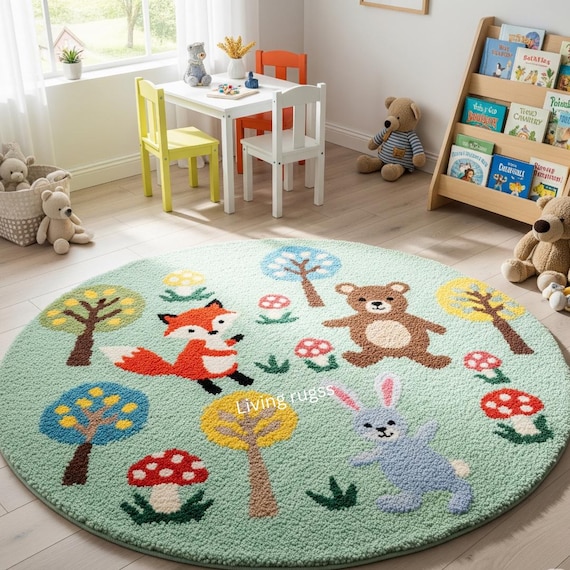 Kids Woodland Animals Round Rug, Fox and Bear Nursery Carpet