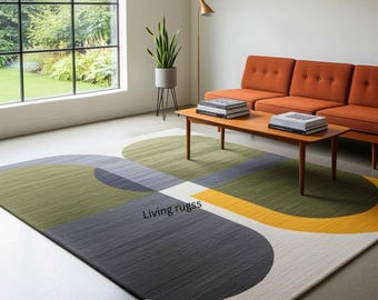 Abstrakt matta i modern stil från mitten av århundradet | Geometrisk matta med organisk form | Grå, grön och gul vardagsrumsmatta | Modern heminredning