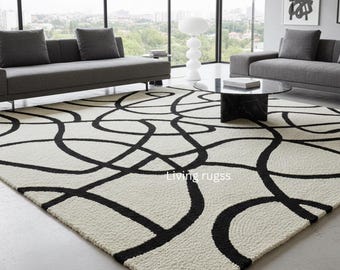 Abstract Line Art Rug, Black & White Modern Tufted Area Rug