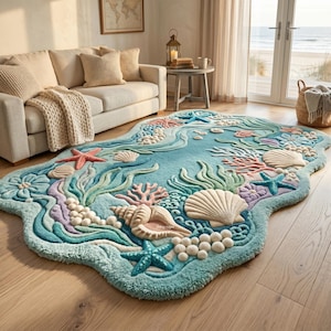 Alfombra costera con forma irregular de conchas marinas / Alfombra de coral con forma de estrella de mar oceánica para sala de estar náutica