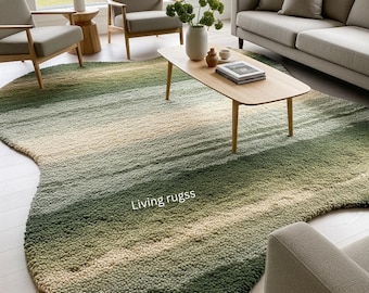 Hand Tufted Abstract Landscape Rug, Organic Shape Green and Beige Carpet, Unique Living Room Floor Mat, Modern Art Bedroom Rug