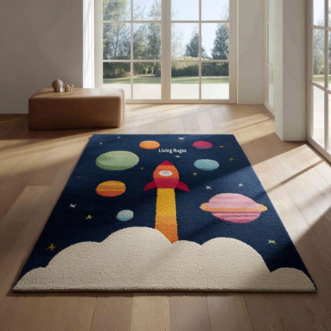 Kids Space Theme Wool Rug | Rocket & Planets Area Rug for Nursery Kids ...