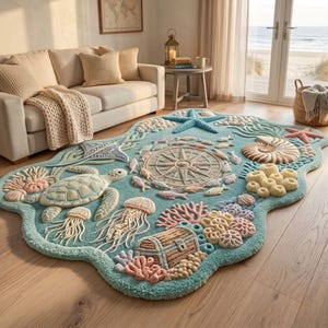 Coastal Ocean Rug, Starfish Seashell Coral Reef Area Rug, Irregular Shape Nautical Living Room Decor
