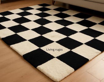 Modern svartvit rutig matta | Handgjord schackrutig ullmatta | Retro matta, geometrisk vardagsrumsinredning, minimalistisk golvmatta