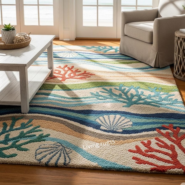 Alfombra estilo costero / Zona de arrecifes de coral con olas del océano / Decoración con temática de conchas marinas y playa / Decoración náutica para el hogar