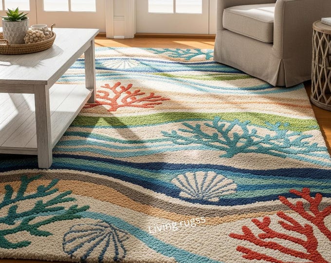 Loop Rag Rug Sea Coastal Living Rug | Ocean Waves Coral Reef Area Rug | Seashell & Beach ...