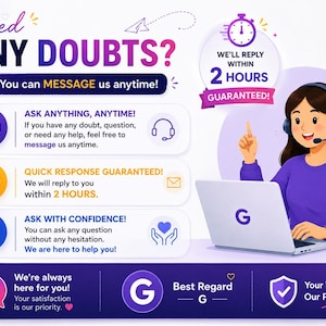 K&ouml;nnte beinhalten: Eine Illustration mit dem Text &bdquo;Need ANY DOUBTS?&ldquo; und &bdquo;You can MESSAGE us anytime!&ldquo;. Eine Frau mit Headset sitzt an einem Laptop. Das Bild enth&auml;lt auch Symbole und Text &uuml;ber Kundenservice und schnelle Reaktionszeiten.