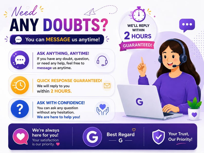 K&ouml;nnte beinhalten: Eine Illustration mit dem Text &bdquo;Need ANY DOUBTS?&ldquo; und &bdquo;You can MESSAGE us anytime!&ldquo;. Eine Frau mit Headset sitzt an einem Laptop. Das Bild enth&auml;lt auch Symbole und Text &uuml;ber Kundenservice und schnelle Reaktionszeiten.