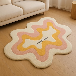 Whimsical Irregular Amoeba Rug in Pink and Beige | Aesthetic Irregular Rug | Cute Nursery Decor | Fluffy Custom Tufted Rug | Bedroom Rug