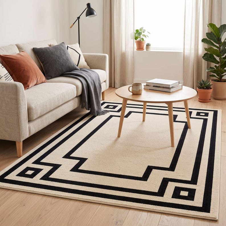 Deco Design Rug Black Cream Geometric Area Rug | Art Deco Greek Key Inspired Modern ...