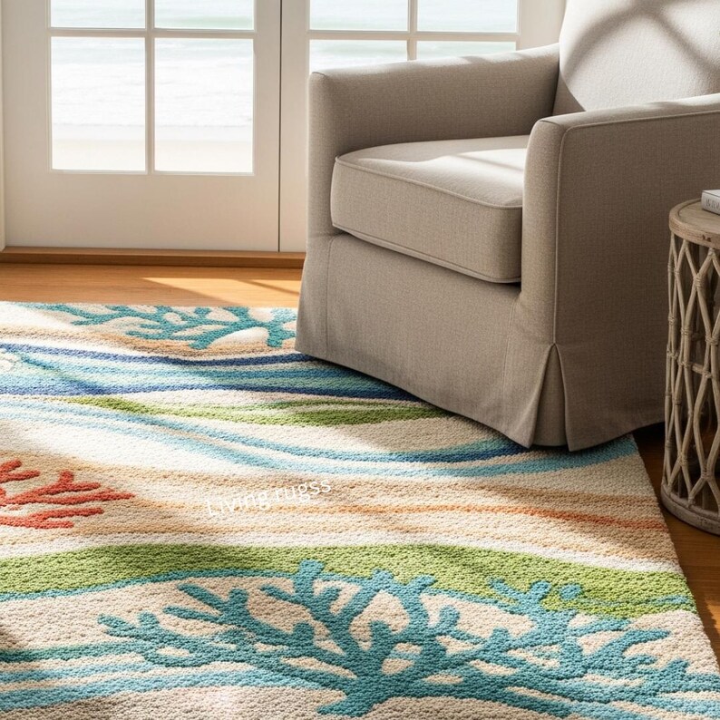 Sea Color Rugs Coastal Living Rug | Ocean Waves Coral Reef Area | Seashell & Beach ...