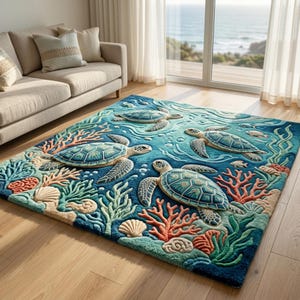 May include: A rectangular area rug featuring a textured, three-dimensional underwater scene with three sea turtles swimming among coral reefs, seashells, and small fish. The design uses shades of blue, teal, orange, and cream on a deep blue background.