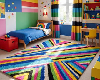 May include: A rectangular area rug featuring a vibrant, multi-colored geometric pattern with diagonal stripes in shades of blue, yellow, pink, green, and black. The rug has a textured, plush pile and covers a large portion of the bedroom floor.
