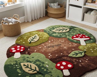 Woodland Bodenteppich | Pilz Blatt Kinderteppich | Unikat Spielteppich | Natur Themen Kinderzimmer Dekor | Märchen Teppich