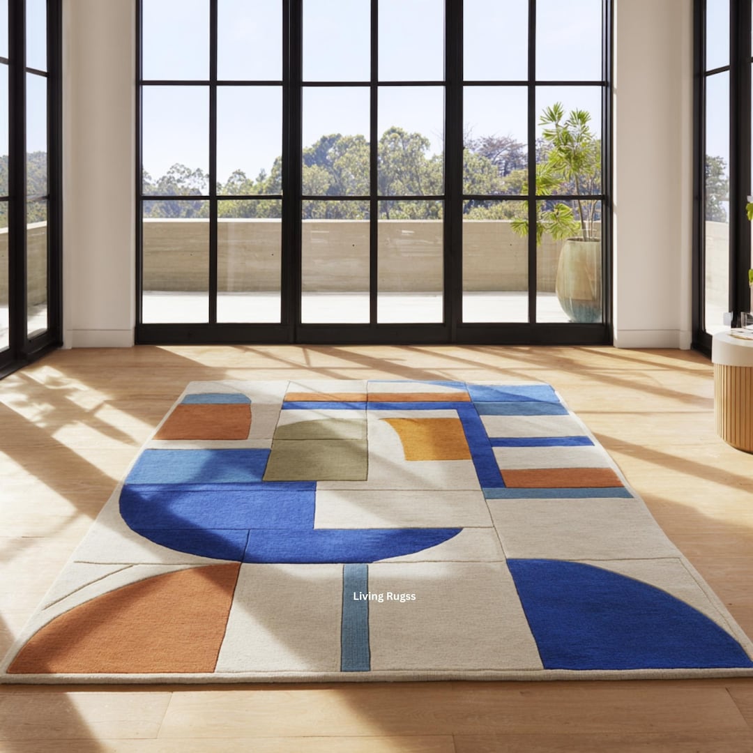 Modern Blue & Orange Geometric Rug | Contemporary Abstract Carpet for ...