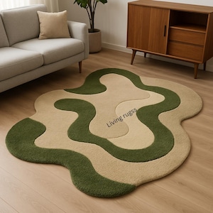 Modern Irregular Amoeba-Shaped Hand-Tufted Rug in Beige and Green | Groovy Aesthetic Tufted Rug | Minimalist Living Room Rug | Fluffy Rug