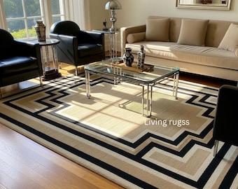 Art Deco Teppich | Geometrischer Labyrinth-Muster-Teppich mit schwarzen, weißen und beigen Streifen | Vintage inspirierte Wohnzimmer Dekor