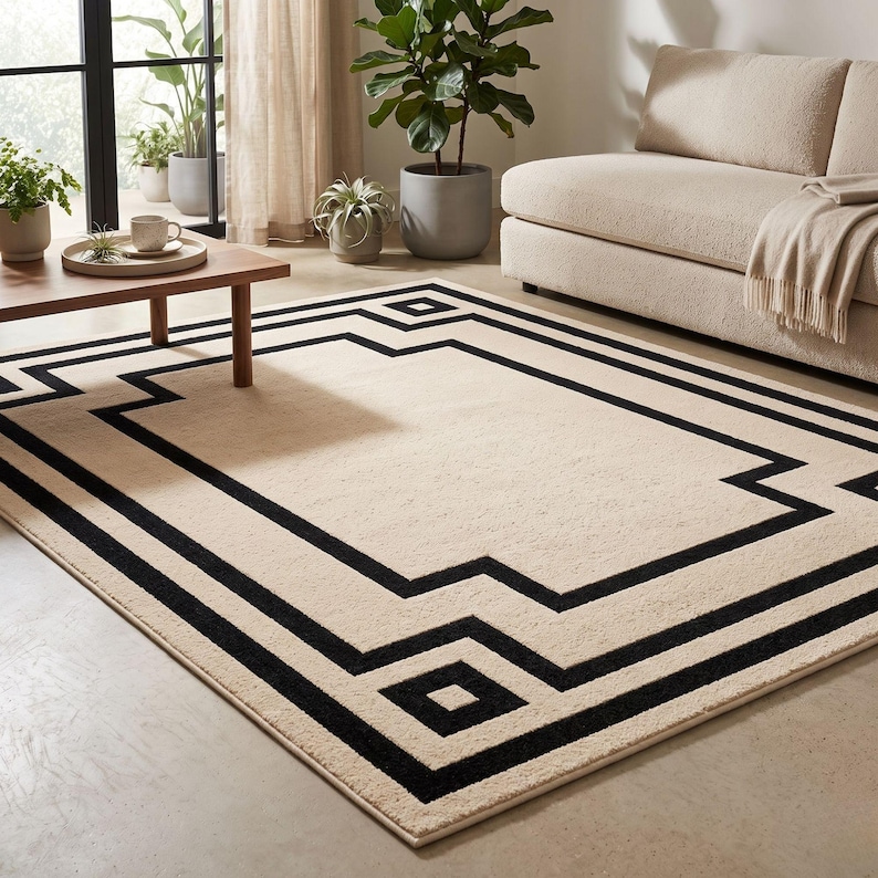 Deco Design Rug Black Cream Geometric Area Rug | Art Deco Greek Key Inspired Modern ...