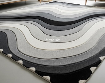 Modern Abstract Wavy Area Rug | Black White and Gray Living Room Rug | Contemporary Home Decor | Unique Geometric Pattern