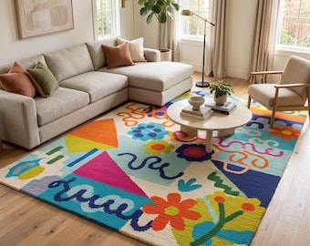 Colorful Abstract Floral Area Rug | Modern Funky Geometric Rug | Bohemian Living Room Decor | Bed Room Rug