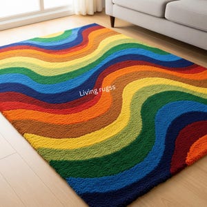 Hand Tufted Rainbow Wavy Rug, Colorful Abstract Area Rug, Vibrant Modern Living Room Carpet, Artistic Playroom Decor, Multi-color Floor Mat