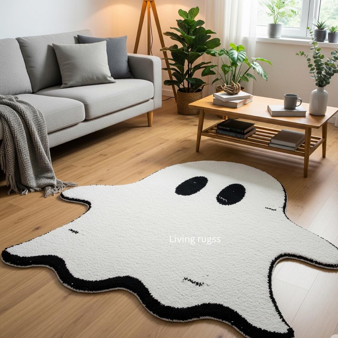 Ghost Shaped Rug, Spooky Halloween Decor, Cute Ghost Rug, Black and ...