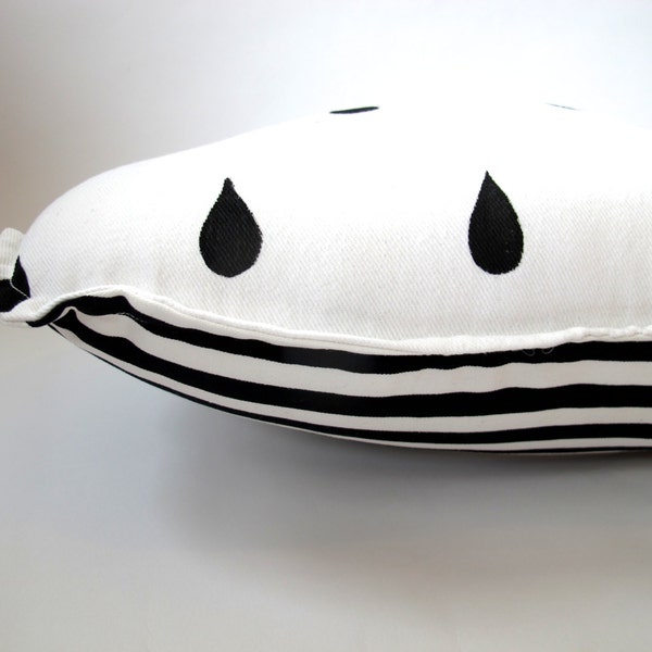 Cloud Pillow - Scandinavian Nursery Decor - Black and White  - Stripes and Raindrops - Reversible