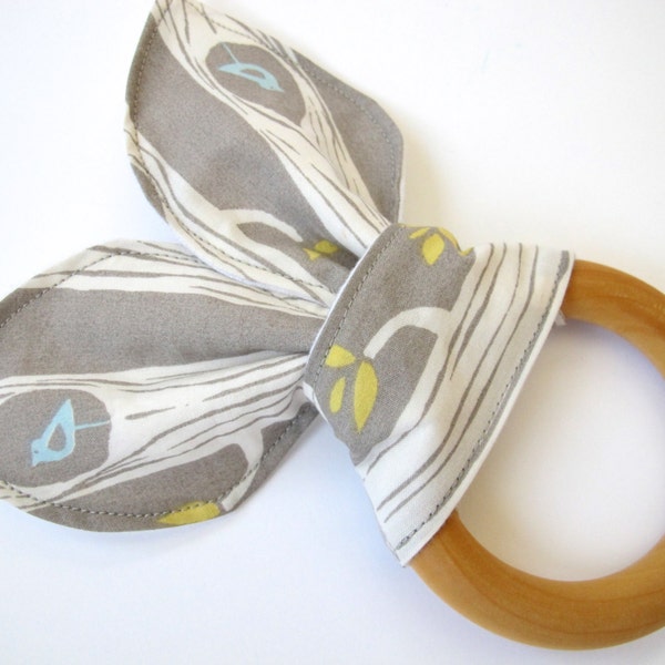 Organic Teething Ring With Trees and Birds Fabric