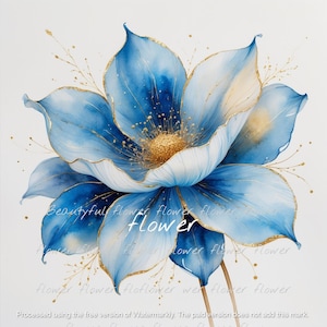 May include: A watercolor painting of a large blue flower with gold accents. The flower has multiple layers of petals, with a golden center. The petals are outlined in gold. The text "flower" is visible.