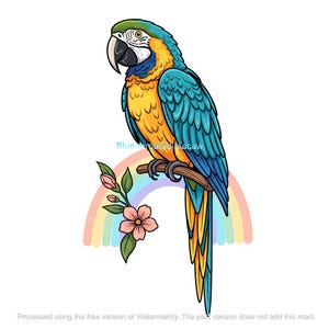 Puede incluir: Ilustración colorida de un guacamayo azul posado en una rama, con un arcoíris y flores. El guacamayo tiene plumas azules, amarillas y verdes. El texto "Blue-throated Macaw" es visible. Fondo blanco.