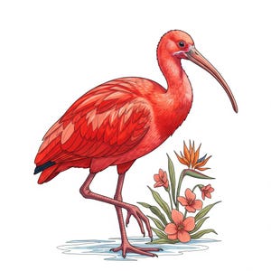 Peut inclure: Illustration d'un ibis rouge vif, un oiseau rouge vif avec un long bec incurvé. L'oiseau se tient près d'un bouquet de fleurs orange et vertes, sur fond blanc.