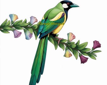 Urraca verde Clipart / Ave tropical PNG / Ilustración exótica / Arte de vida silvestre en acuarela / Producto digital de clipart asiático