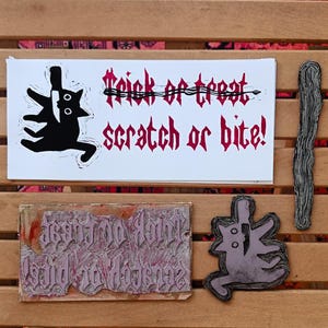 Black Cat Linocut Print, Halloween Postcard, Spooky Gothic Halloween Decor, 11x24.5 cm