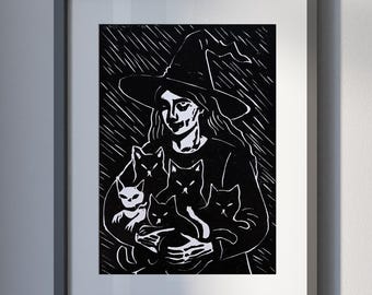 Hexe Linoldruck, Halloween Postkarte, Katzen Linoldruck