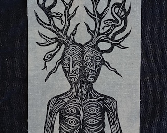 Tree Patch, Eyes Linocut Patch, Hand Printed, Linocut Fabric Patch, Gothic Accessory, Handmade Textile Art