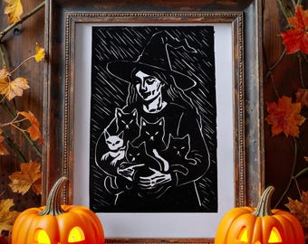Halloween Hexe Katzen Linoldruck, Gothic Kunst