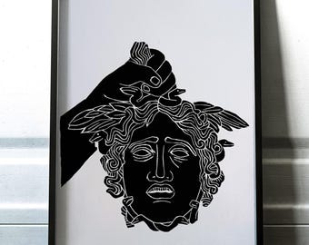 Medusa Art, Linocut Print, Greek Mythology Wall Art