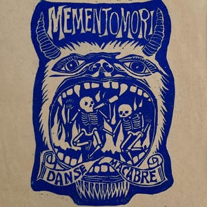 Memento Mori Linocut Print: Gothic Skeleton Art on Vintage Paper