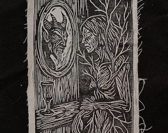 Devil linocut patch, Hand Printed, Linocut Fabric Patch, Gothic Accessory, Handmade Textile Art