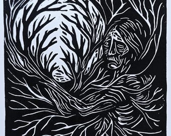 Full Moon and Tree Woman Linocut Print, Forest Goddess Art,, Framed or Unframed, Spiritual Journey Wall Decor