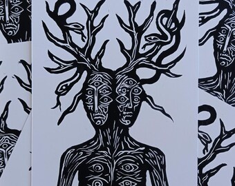 Forest Spirit Linocut Print, Surreal Tree Art, Spiritual Journey Wall Decor, Framed or Unframed