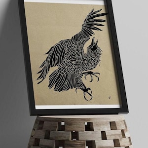 Raven Linocut Print: Hand-Printed Gothic Bird on Rice Paper