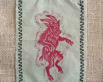 Devil Linocut Patch, Hand-Printed Fabric, Gothic Textile Art