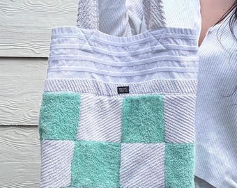 Upcycled Checked Towel Beach Bag