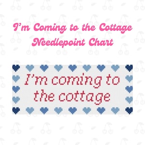 May include: A needlepoint chart with the text "I'm Coming to the Cottage" in pink and red. The chart is surrounded by blue hearts and a white background with cherry illustrations.