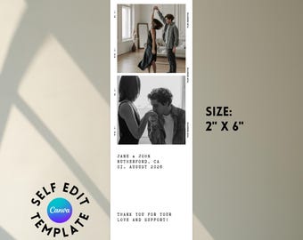 Puede incluir: Plantilla de tira de fotos en blanco y negro con dos imágenes de una pareja. La plantilla incluye el texto "JANE & JOHN RUTHERFORD, CA 01. AUGUST 2026" y "THANK YOU FOR YOUR LOVE AND SUPPORT!". El tamaño es de 5,08 cm x 15,24 cm.