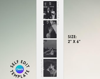 Puede incluir: Una tira de fotos en blanco y negro con cuatro fotos de boda. La tira mide 5 cm x 15 cm e incluye el texto "Thank you for your kind support" y "Self Edit Canva Template". También se incluye la fecha "7-28-2026 August 2026".